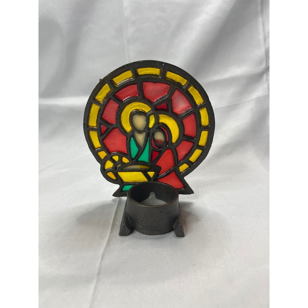 Vintage Stained Glass Holy Family Nativity Votive Candle Holder Cast Metal Decor
